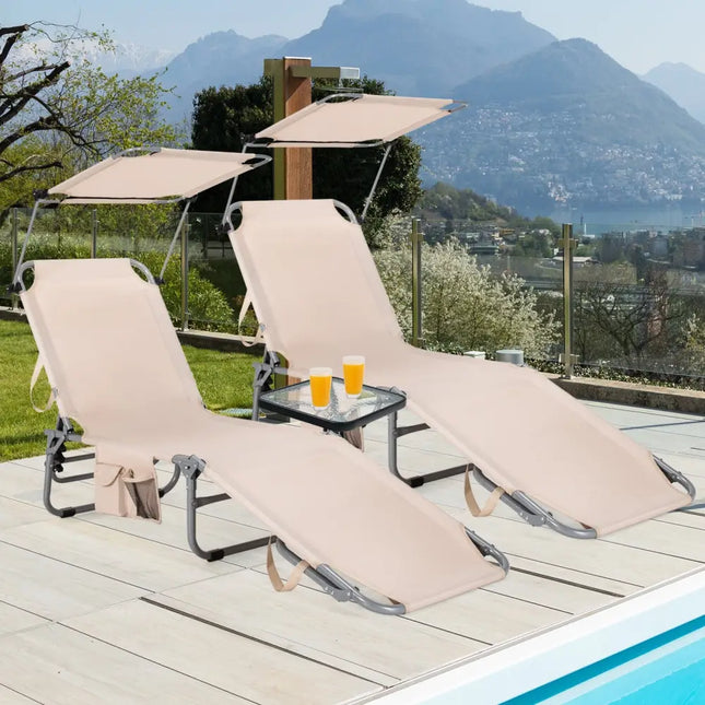 Set of 2 Portable Reclining Chair with 5 Adjustable Positions-Beige - Beige - Outdoor Chaise Lounges
