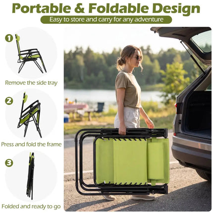 Set of 2 Portable Zero Gravity Chairs with Cup Holder Trays and Backrest -Green - Green - Beach & Lawn Chairs