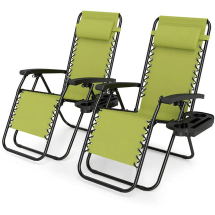 Set of 2 Portable Zero Gravity Chairs with Cup Holder Trays and Backrest -Green - Green - Beach & Lawn Chairs