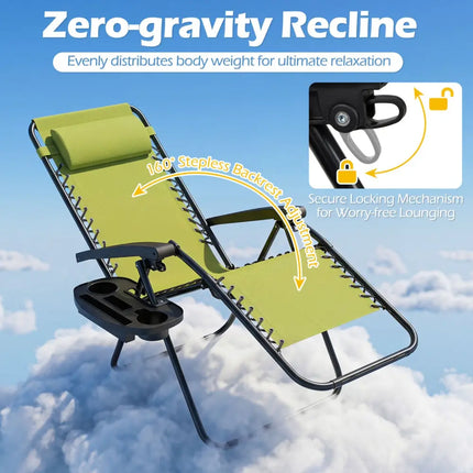 Set of 2 Portable Zero Gravity Chairs with Cup Holder Trays and Backrest -Green - Green - Beach & Lawn Chairs