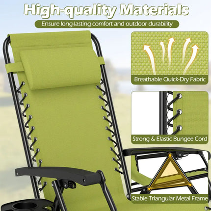 Set of 2 Portable Zero Gravity Chairs with Cup Holder Trays and Backrest -Green - Green - Beach & Lawn Chairs