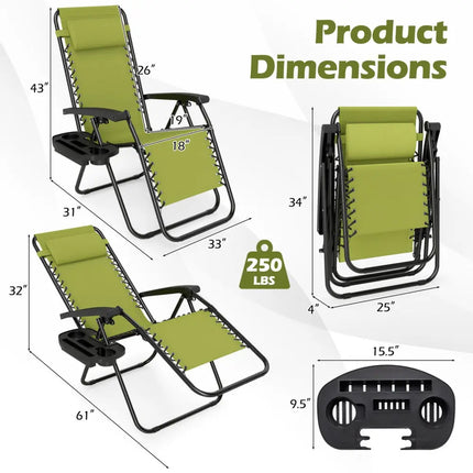 Set of 2 Portable Zero Gravity Chairs with Cup Holder Trays and Backrest -Green - Green - Beach & Lawn Chairs
