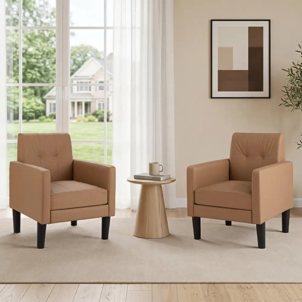 Set of 2 PU Leather Modern Accent Chair with Removable Seat Cushion-Brown - Brown - Accent Chairs