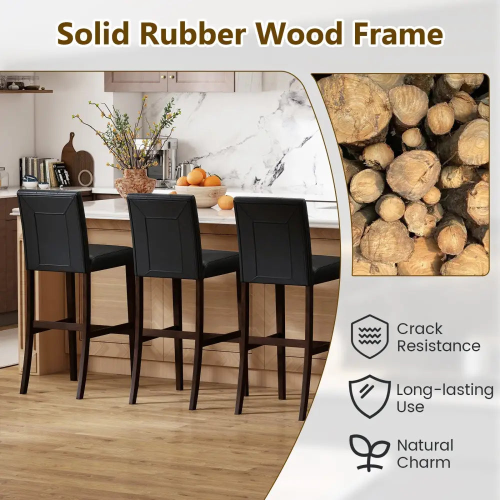 Set of 2 PVC Dining Leather Bar Stools with Solid Wood Legs-29 inches - Bar Stools