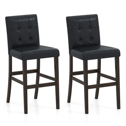 Set of 2 PVC Leather Bar Stools with Solid Wood Legs - Black - Bar Stools