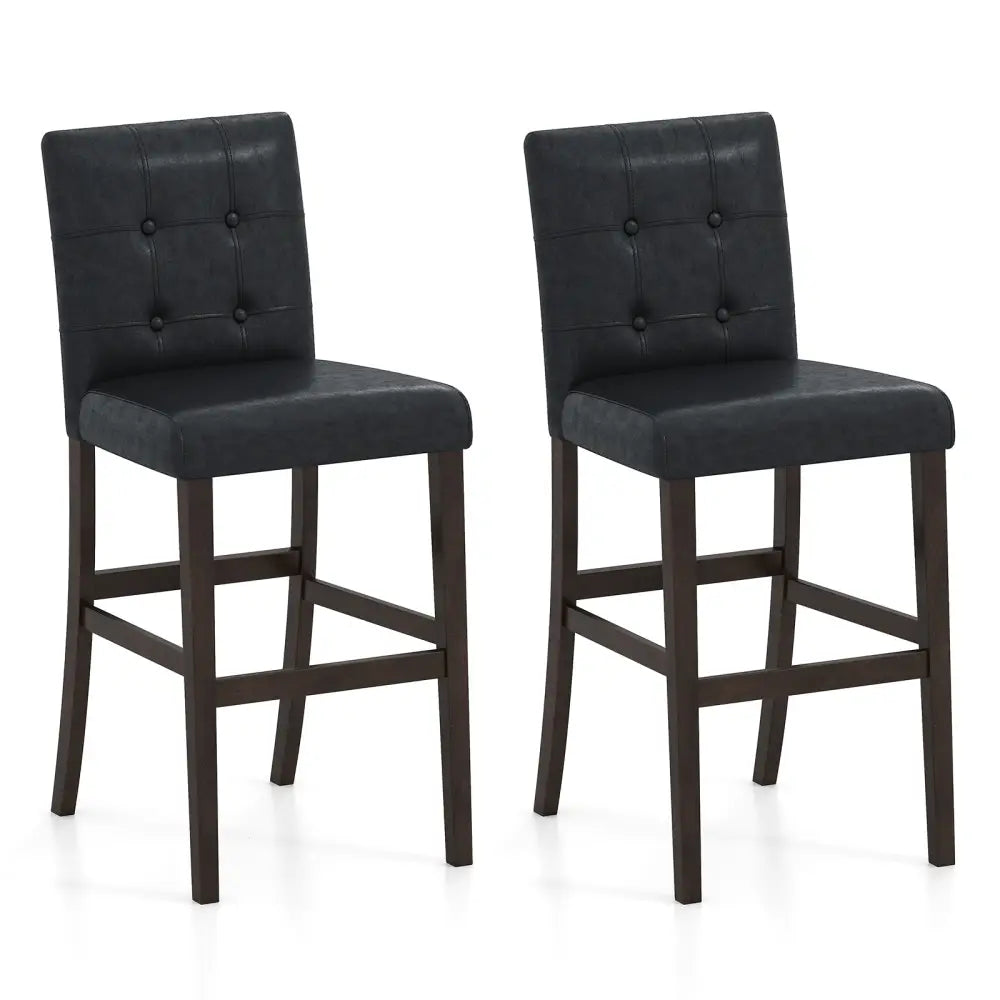 Set of 2 PVC Leather Bar Stools with Solid Wood Legs - Black - Bar Stools