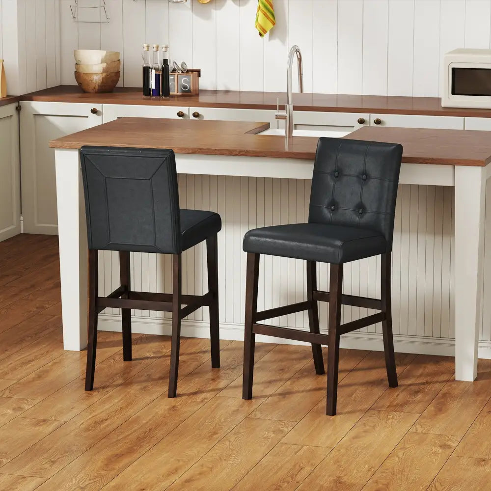 Set of 2 PVC Leather Bar Stools with Solid Wood Legs - Black - Bar Stools