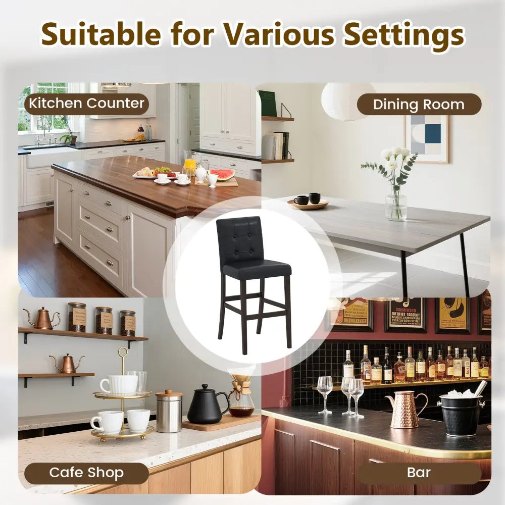 Set of 2 PVC Leather Bar Stools with Solid Wood Legs - Black - Bar Stools