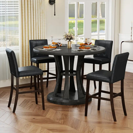 Set of 2 PVC Leather Bar Stools with Solid Wood Legs - Black - Bar Stools