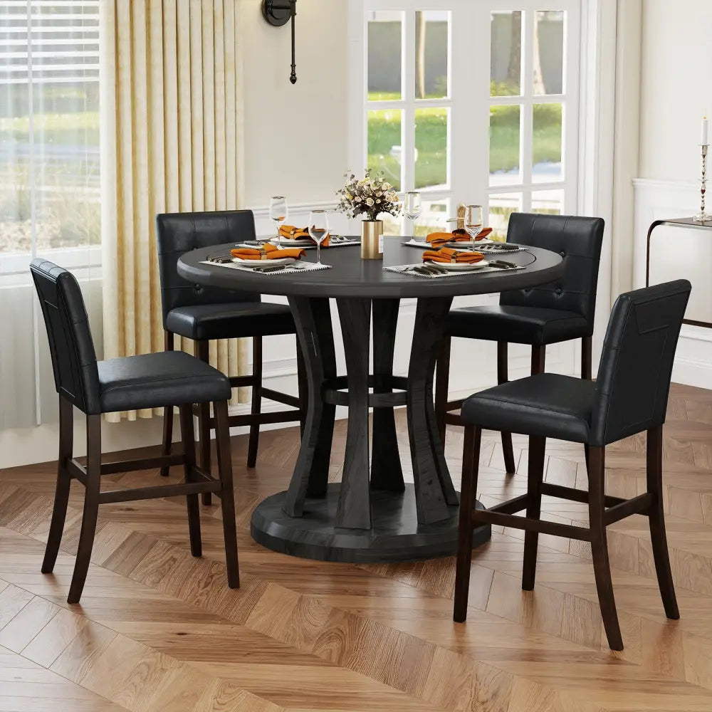 Set of 2 PVC Leather Bar Stools with Solid Wood Legs - Black - Bar Stools