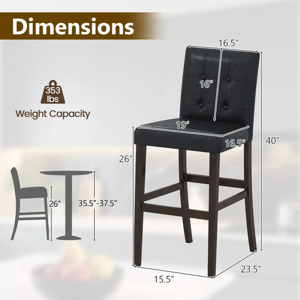 Set of 2 PVC Leather Bar Stools with Solid Wood Legs - Black - Bar Stools