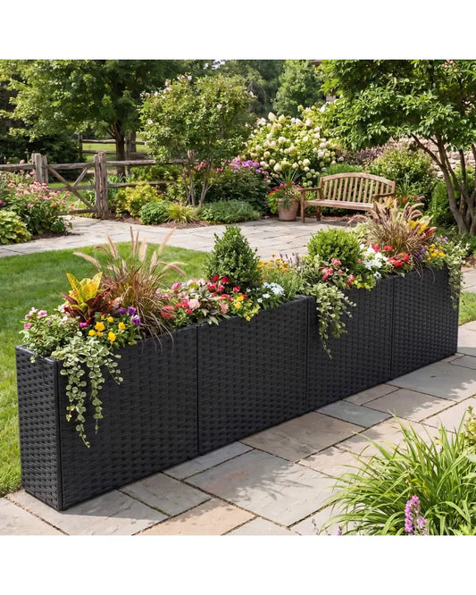 Set of 2 Raised Garden Bed All-Weather PE Rattan Wicker Flowerpot with Liner - Raised Garden Beds