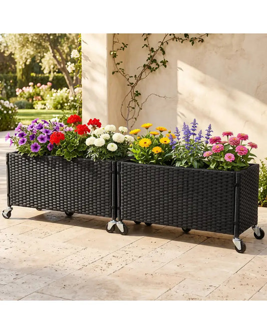 Set of 2 Raised Garden Bed PE Rattan Wicker Patio Planter Box with Liner and Wheels - Raised Garden Beds