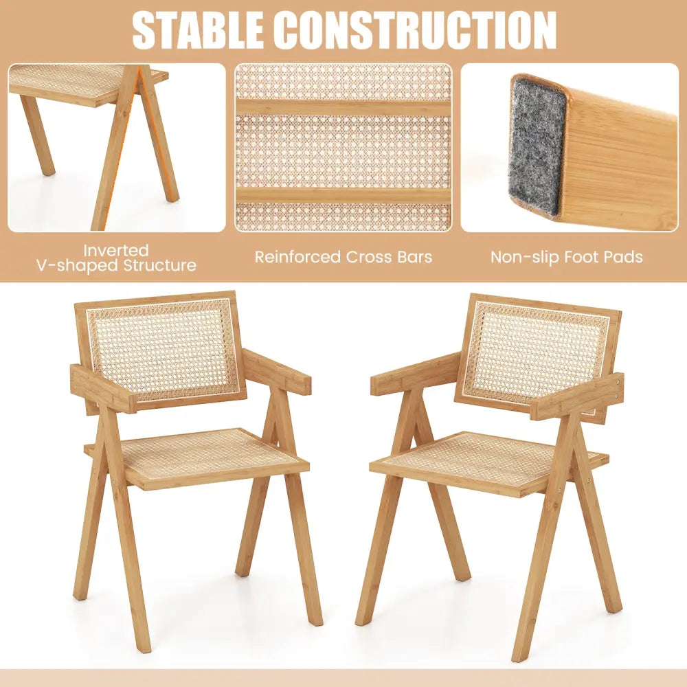 Set of 2 Rattan Accent Chairs with Natural Bamboo Frame-Natural - Natural - Accent Chairs