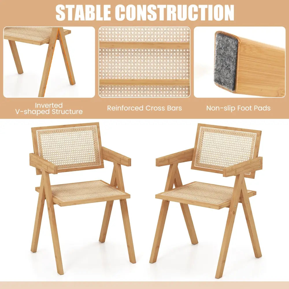 Set of 2 Rattan Accent Chairs with Natural Bamboo Frame-Natural - Natural - Accent Chairs