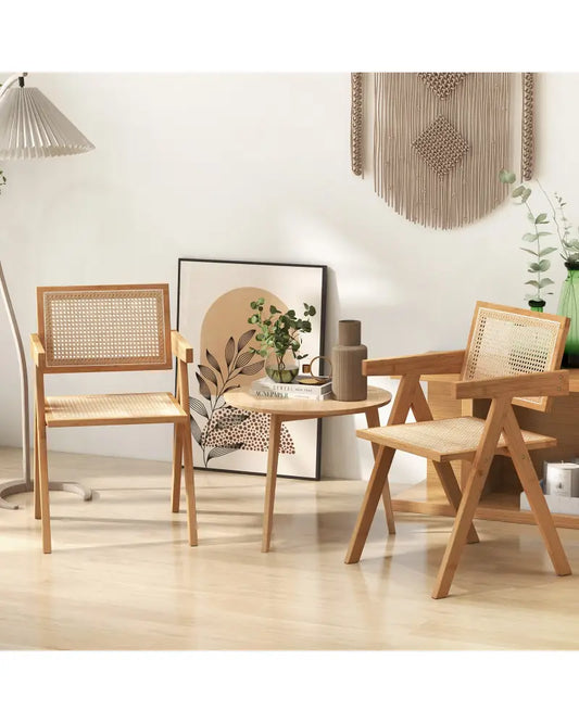 Set of 2 Rattan Accent Chairs with Natural Bamboo Frame-Natural - Natural - Accent Chairs
