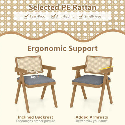 Set of 2 Rattan Accent Chairs with Padded Cushion and Rubber Wood Frame-Gray - Gray - Accent Chairs