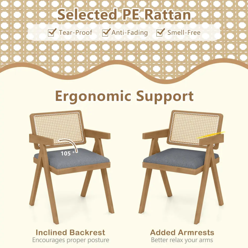 Set of 2 Rattan Accent Chairs with Padded Cushion and Rubber Wood Frame-Gray - Gray - Accent Chairs