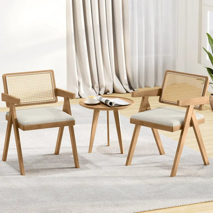 Set of 2 Rattan Accent Chairs with Padded Cushion and Rubber Wood Frame-Beige - Beige - Accent Chairs