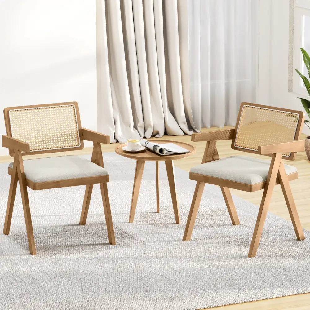Set of 2 Rattan Accent Chairs with Padded Cushion and Rubber Wood Frame-Beige - Beige - Accent Chairs