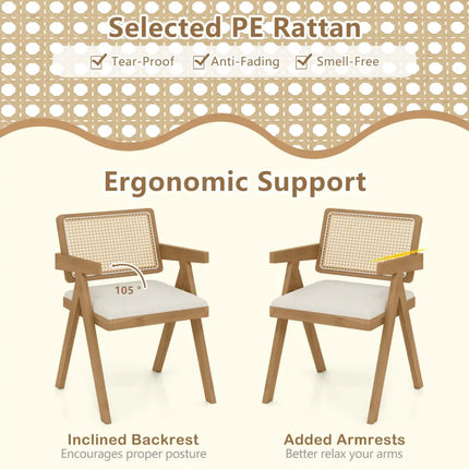 Set of 2 Rattan Accent Chairs with Padded Cushion and Rubber Wood Frame-Beige - Beige - Accent Chairs