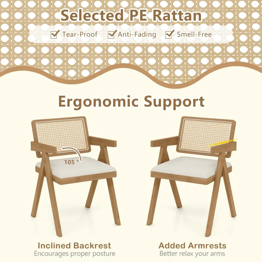 Set of 2 Rattan Accent Chairs with Padded Cushion and Rubber Wood Frame-Beige - Beige - Accent Chairs