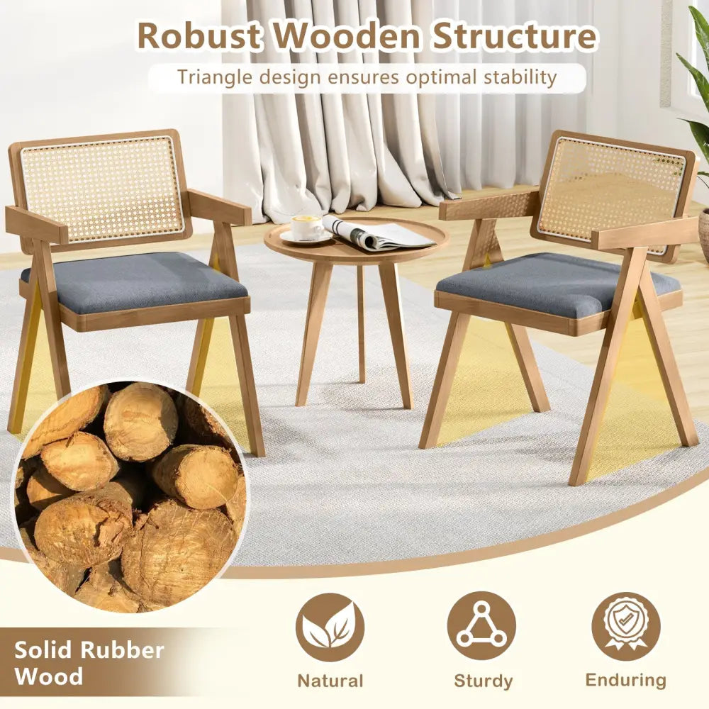 Set of 2 Rattan Accent Chairs with Padded Cushion and Rubber Wood Frame-Gray - Gray - Accent Chairs
