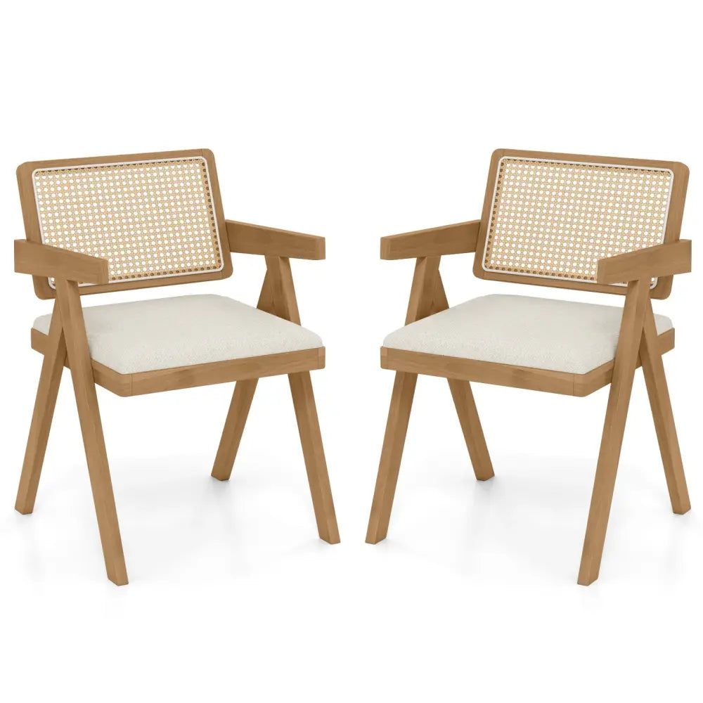 Set of 2 Rattan Accent Chairs with Padded Cushion and Rubber Wood Frame-Beige - Beige - Accent Chairs