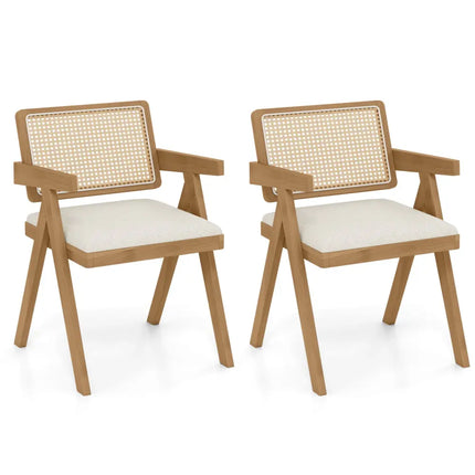 Set of 2 Rattan Accent Chairs with Padded Cushion and Rubber Wood Frame-Beige - Beige - Accent Chairs