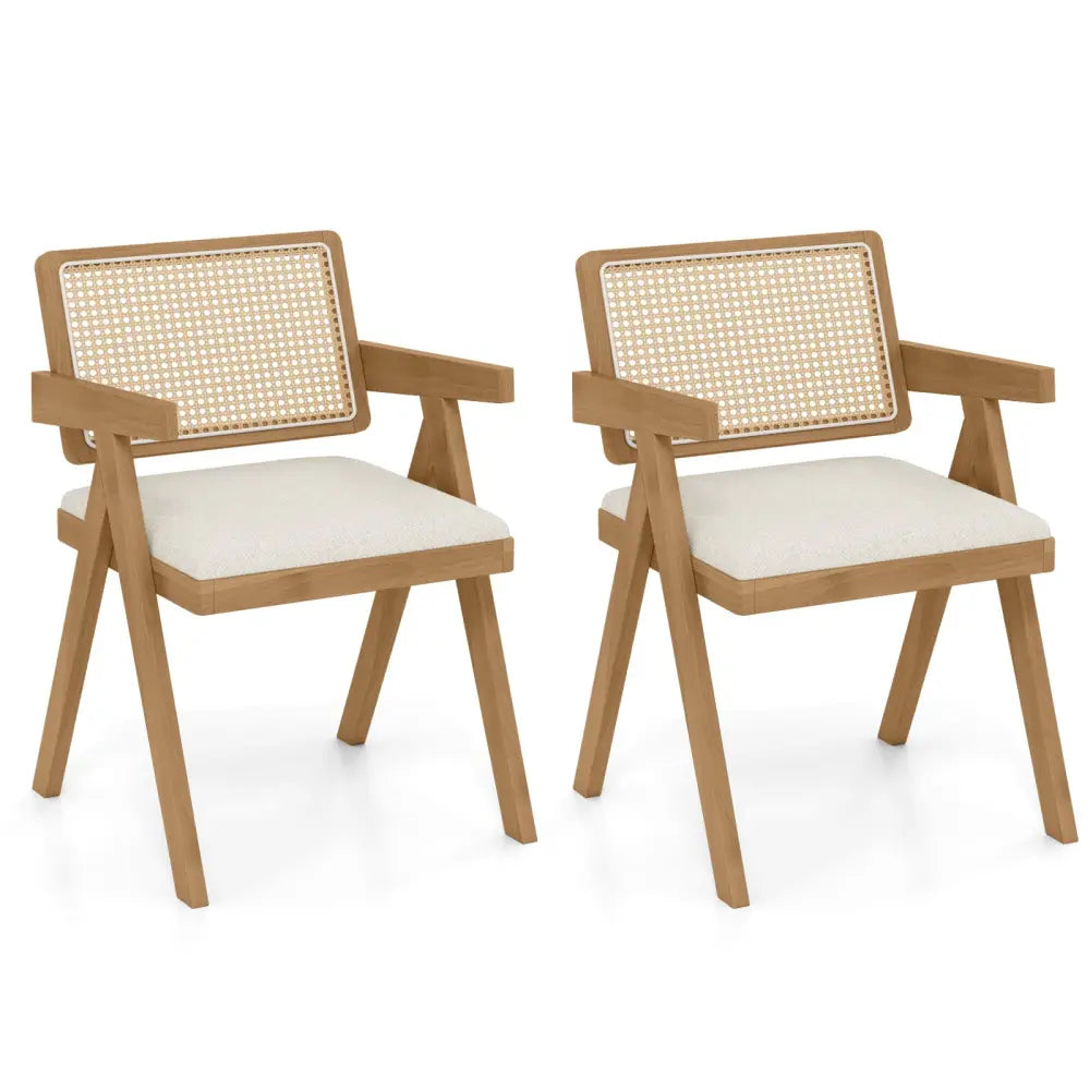 Set of 2 Rattan Accent Chairs with Padded Cushion and Rubber Wood Frame-Beige - Beige - Accent Chairs