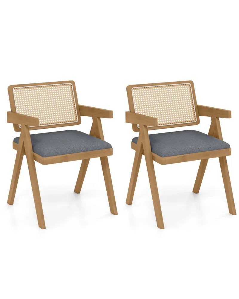 Set of 2 Rattan Accent Chairs with Padded Cushion and Rubber Wood Frame-Gray - Gray - Accent Chairs