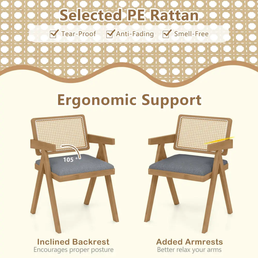 Set of 2 Rattan Accent Chairs with Padded Cushion and Rubber Wood Frame-Gray - Gray - Accent Chairs