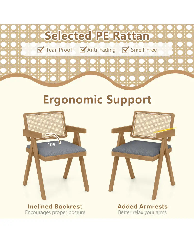 Set of 2 Rattan Accent Chairs with Padded Cushion and Rubber Wood Frame-Gray - Gray - Accent Chairs