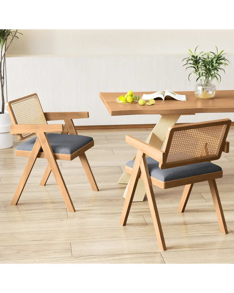 Set of 2 Rattan Accent Chairs with Padded Cushion and Rubber Wood Frame-Gray - Gray - Accent Chairs