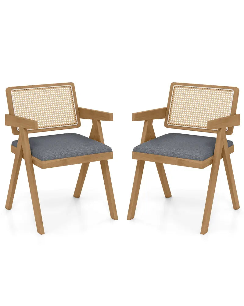 Set of 2 Rattan Accent Chairs with Padded Cushion and Rubber Wood Frame-Gray - Gray - Accent Chairs