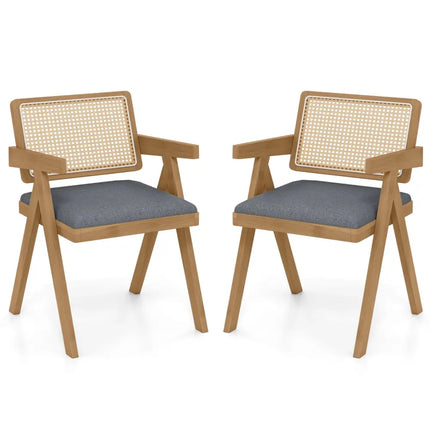 Set of 2 Rattan Accent Chairs with Padded Cushion and Rubber Wood Frame-Gray - Gray - Accent Chairs
