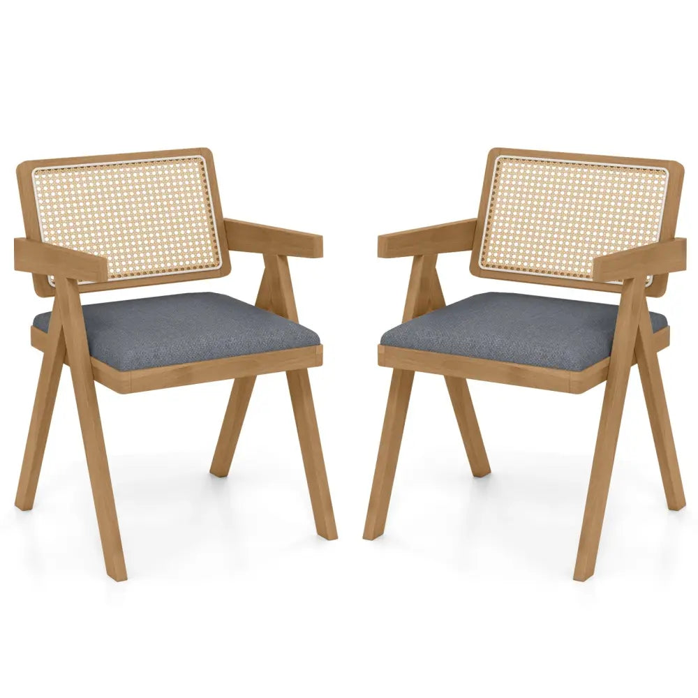 Set of 2 Rattan Accent Chairs with Padded Cushion and Rubber Wood Frame-Gray - Gray - Accent Chairs
