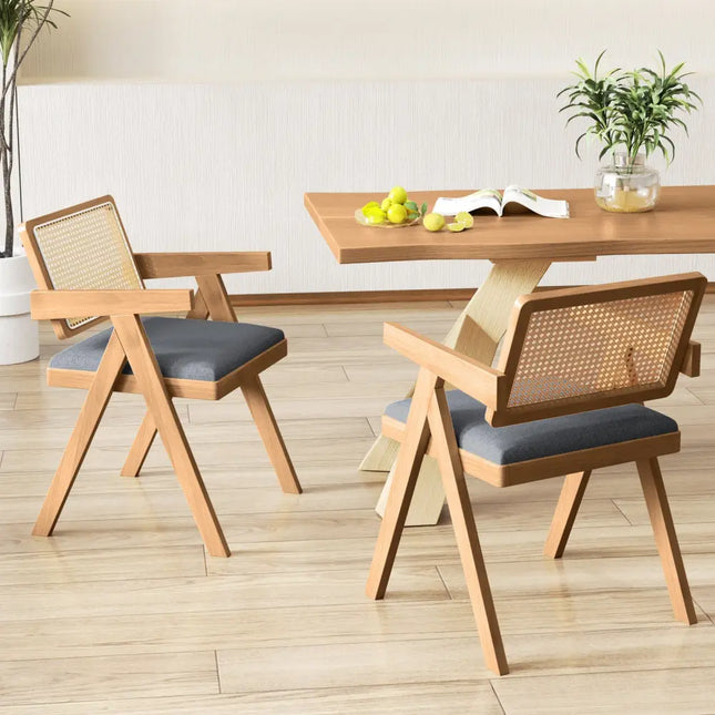 Set of 2 Rattan Accent Chairs with Padded Cushion and Rubber Wood Frame-Gray - Gray - Accent Chairs