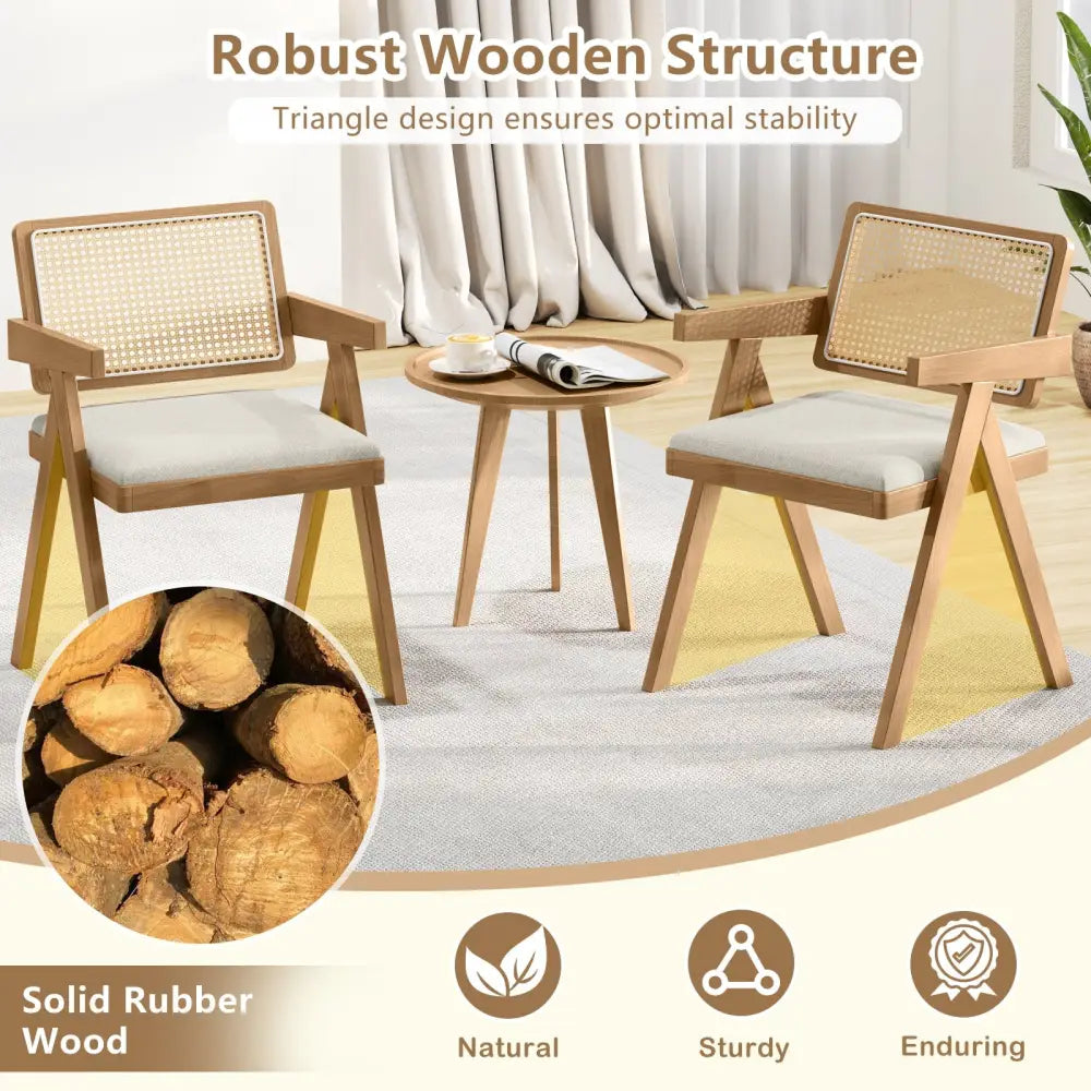 Set of 2 Rattan Accent Chairs with Padded Cushion and Rubber Wood Frame-Beige - Beige - Accent Chairs
