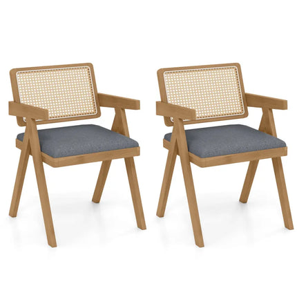 Set of 2 Rattan Accent Chairs with Padded Cushion and Rubber Wood Frame-Gray - Gray - Accent Chairs