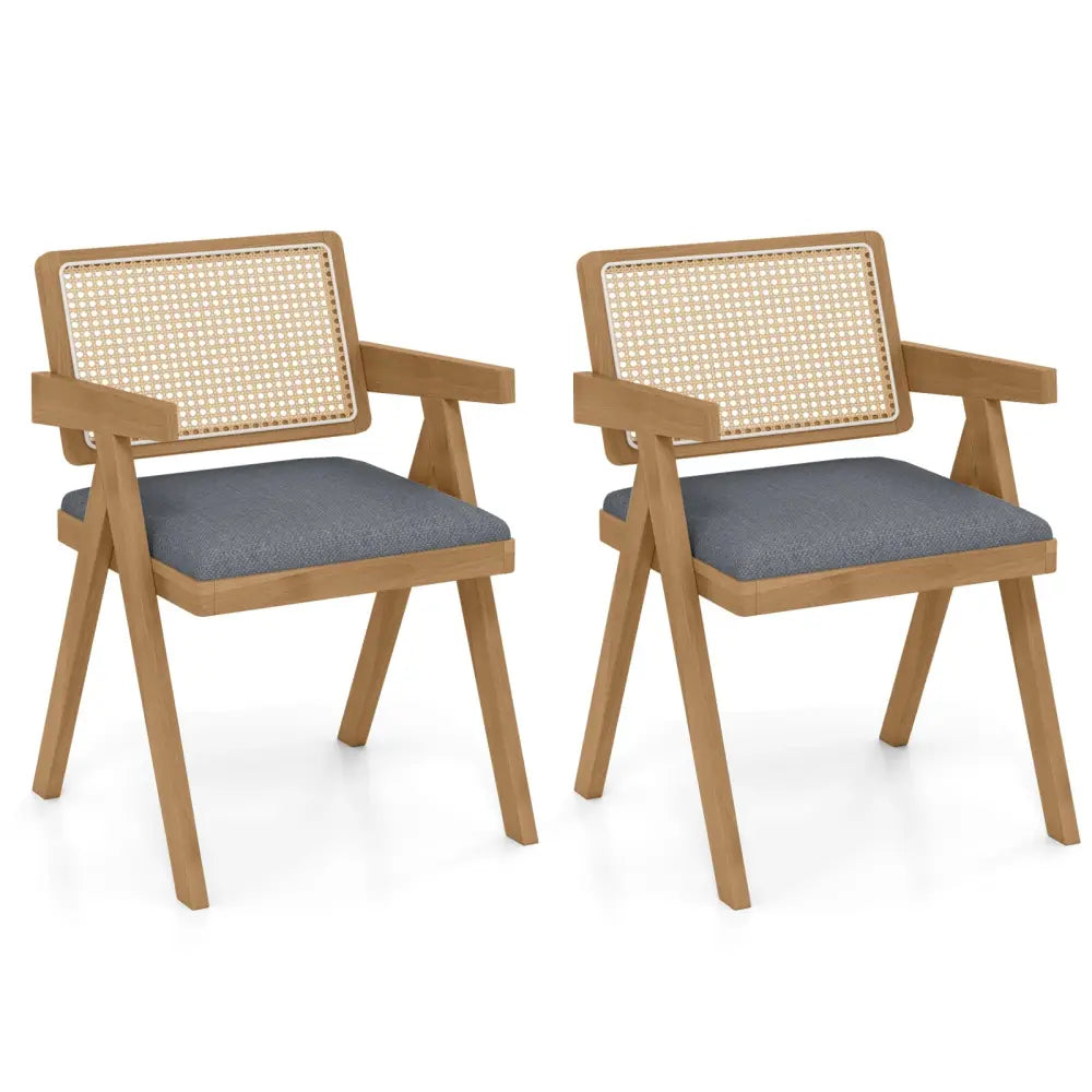 Set of 2 Rattan Accent Chairs with Padded Cushion and Rubber Wood Frame-Gray - Gray - Accent Chairs