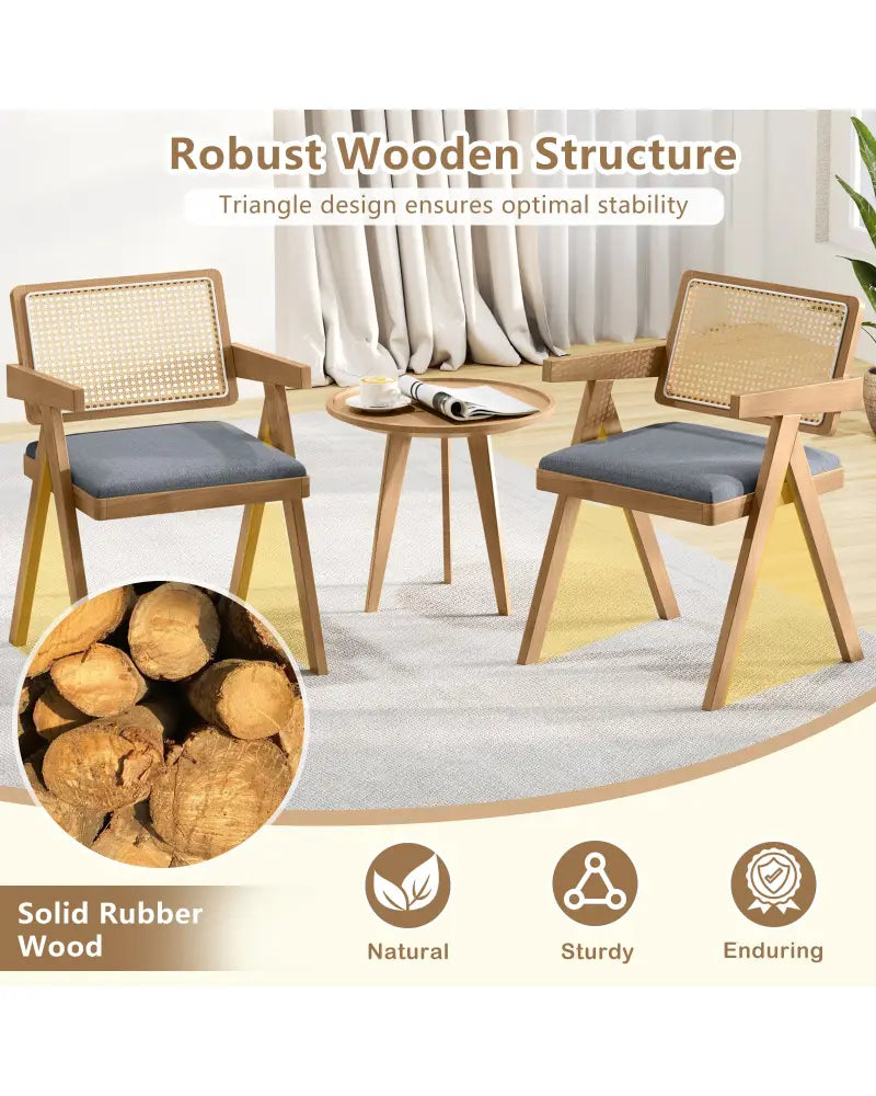 Set of 2 Rattan Accent Chairs with Padded Cushion and Rubber Wood Frame-Gray - Gray - Accent Chairs