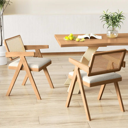 Set of 2 Rattan Accent Chairs with Padded Cushion and Rubber Wood Frame-Beige - Beige - Accent Chairs