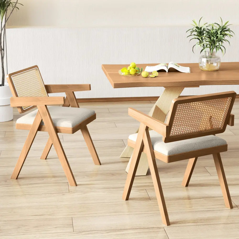 Set of 2 Rattan Accent Chairs with Padded Cushion and Rubber Wood Frame-Beige - Beige - Accent Chairs
