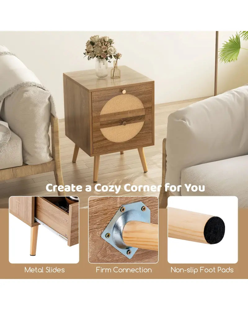 Set of 2 Rattan Nightstand with 2 Drawers and Solid Wood Legs-Natual - Natural - Nightstands