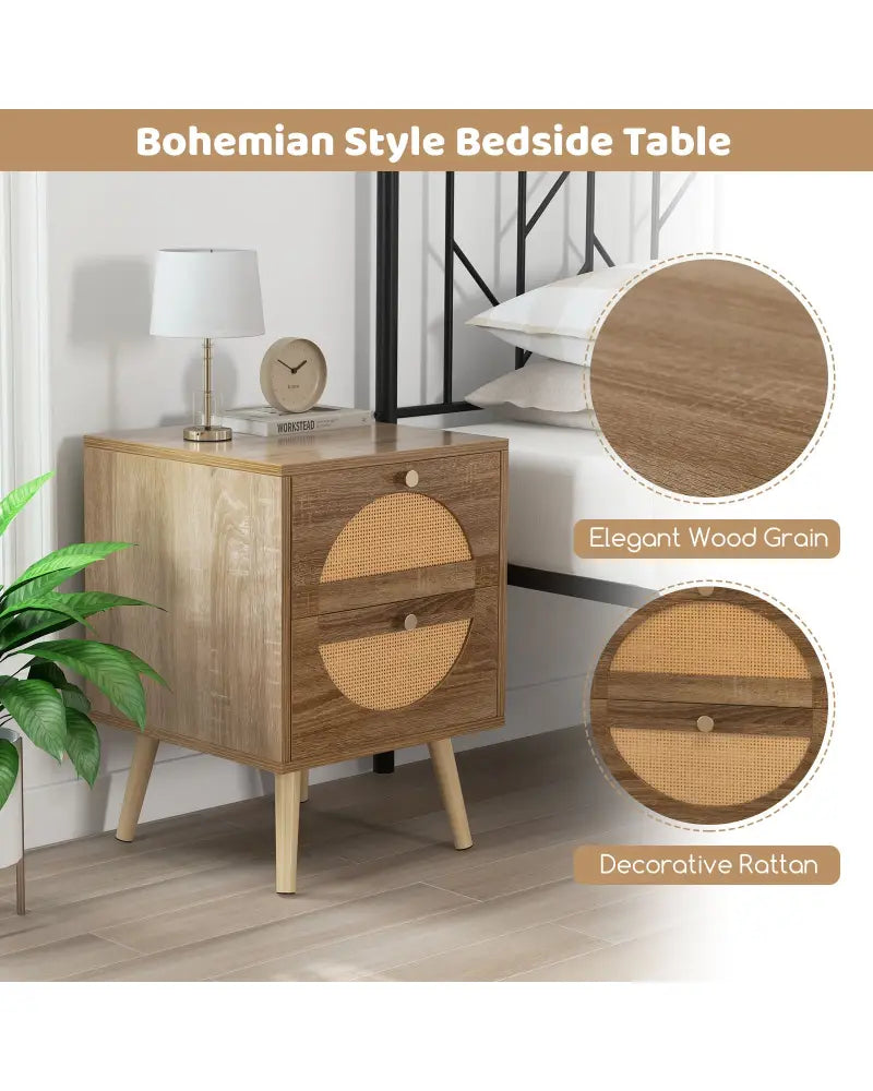 Set of 2 Rattan Nightstand with 2 Drawers and Solid Wood Legs-Natual - Natural - Nightstands