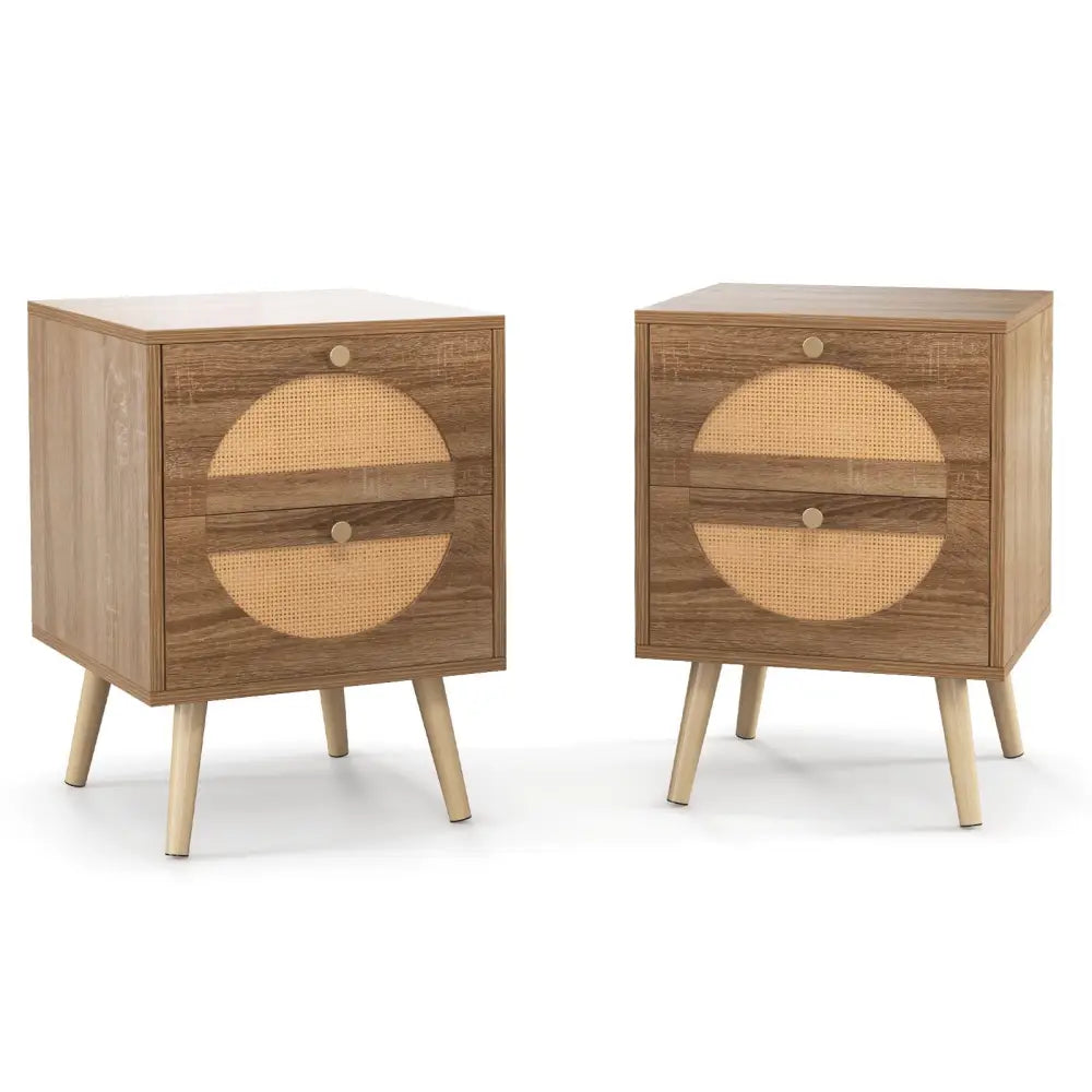 Set of 2 Rattan Nightstand with 2 Drawers and Solid Wood Legs-Natual - Natural - Nightstands