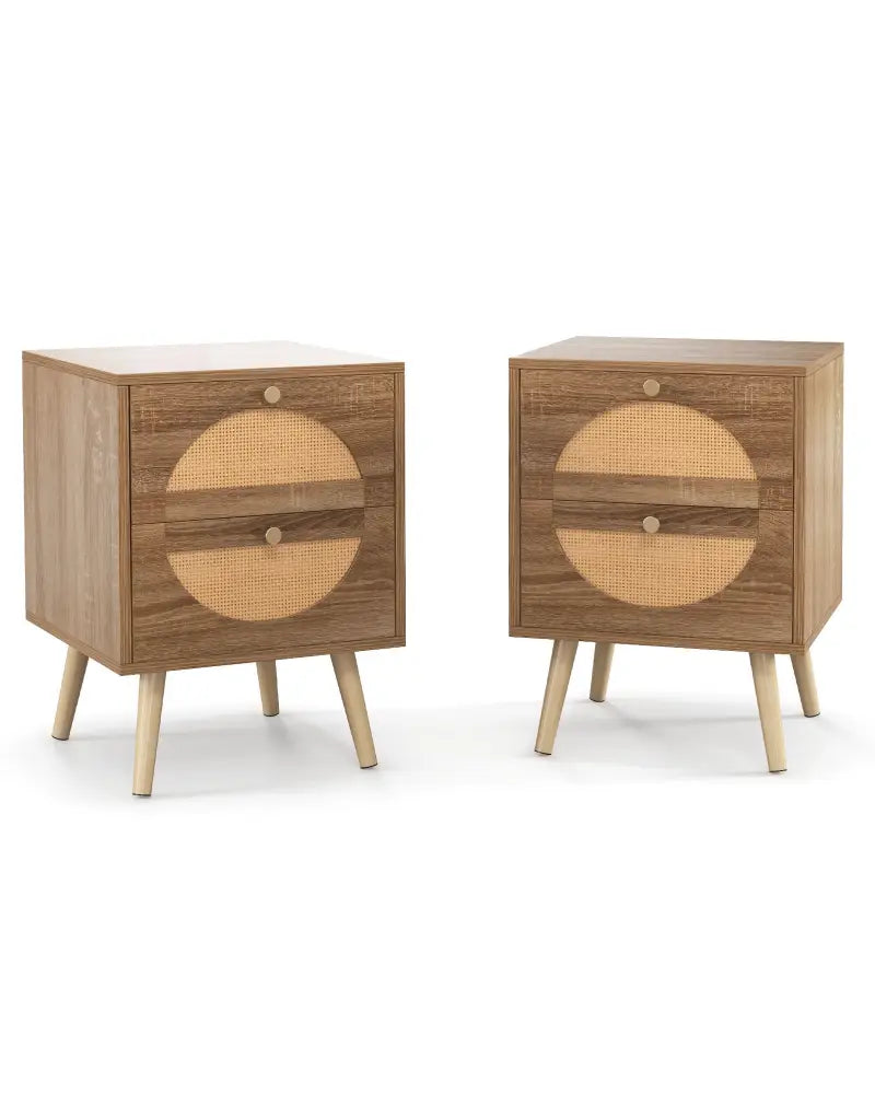 Set of 2 Rattan Nightstand with 2 Drawers and Solid Wood Legs-Natual - Natural - Nightstands