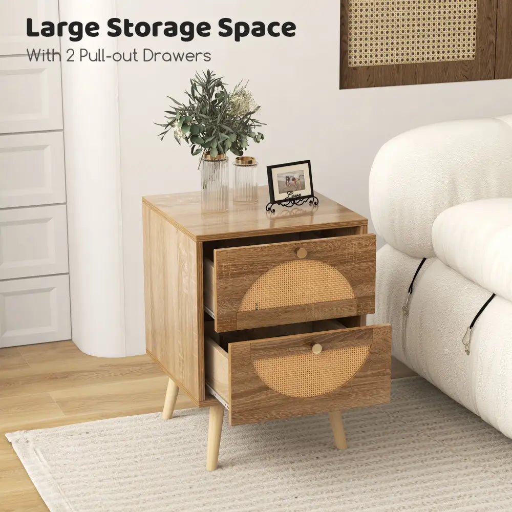 Set of 2 Rattan Nightstand with 2 Drawers and Solid Wood Legs-Natual - Natural - Nightstands