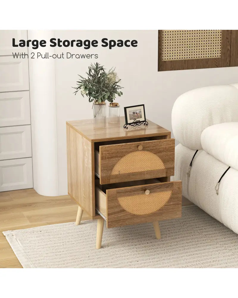 Set of 2 Rattan Nightstand with 2 Drawers and Solid Wood Legs-Natual - Natural - Nightstands